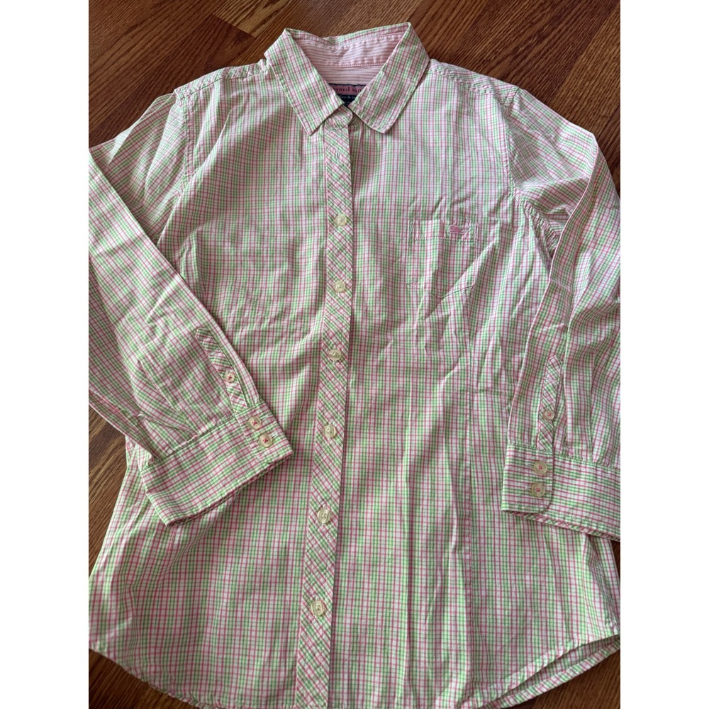 Vineyard Vines Womens Pink Green Tattersall Plaid Whale Logo Button Down Shirt 6